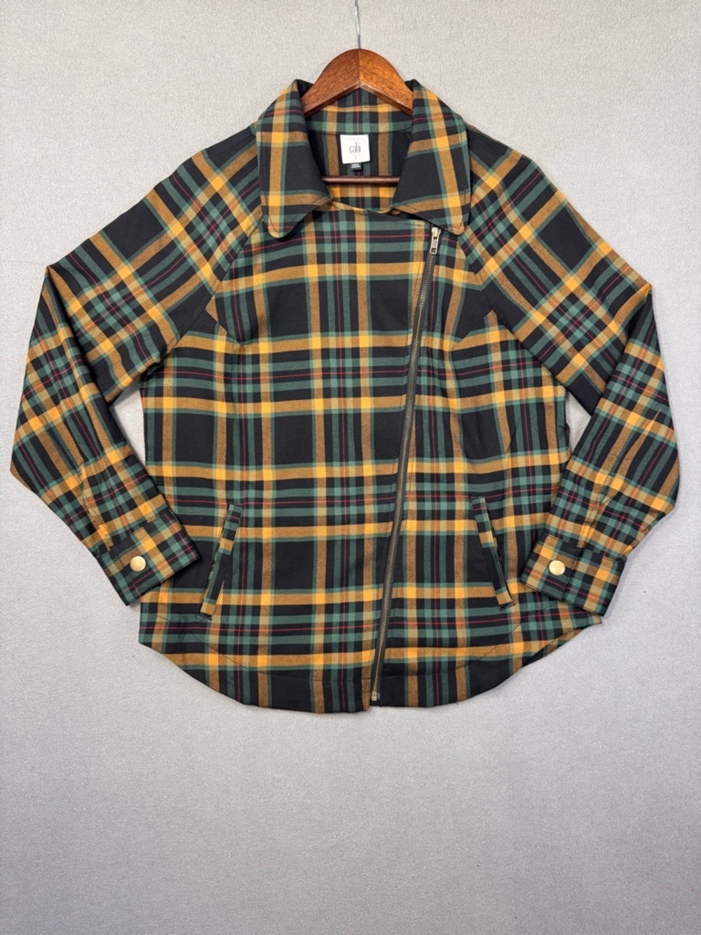CAbi Plaid Shirt Jacket in Black, Mustard & Green Plaid Tartan, Asymmetrical, L